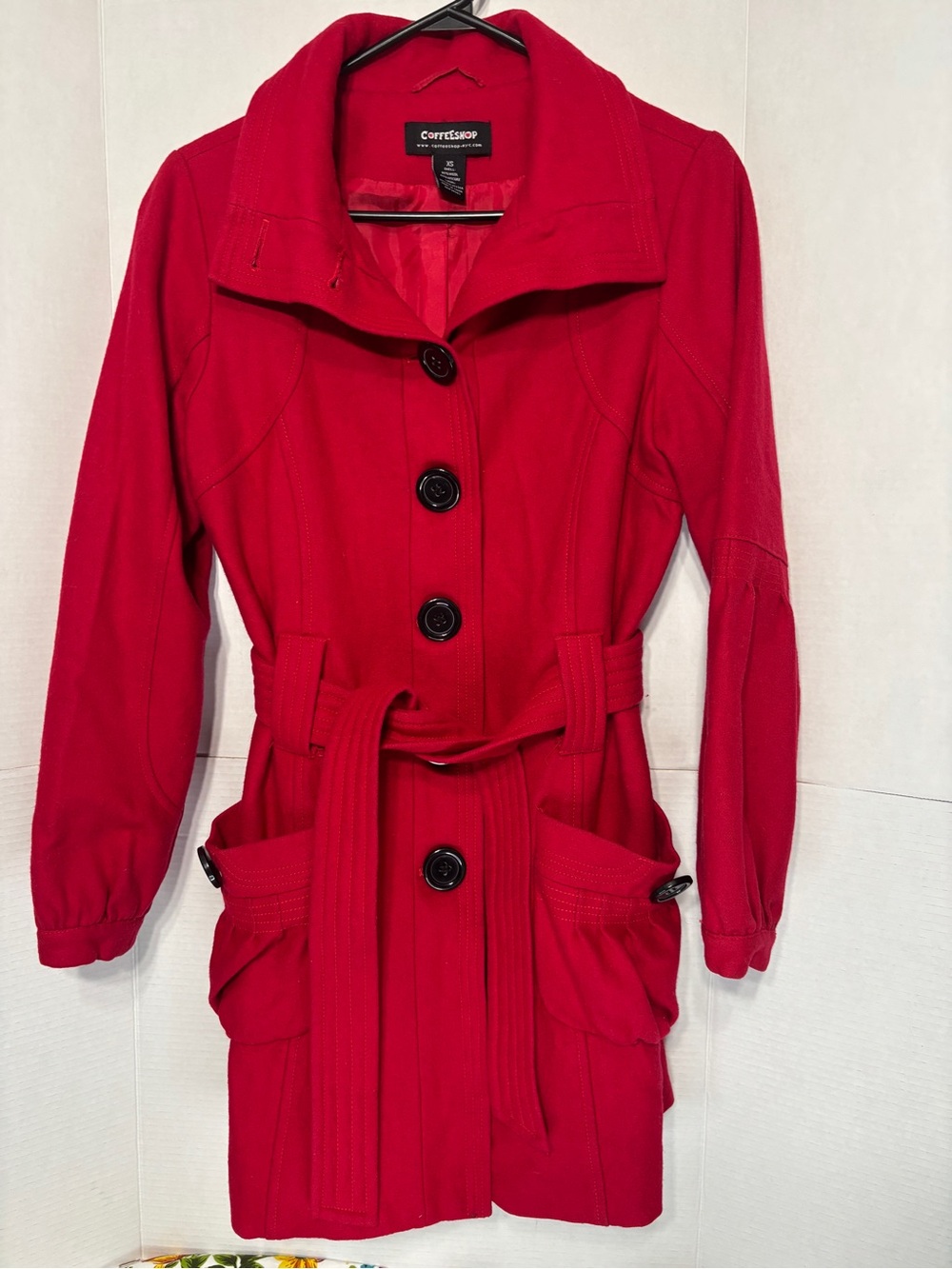 CoffeeShop Women's XS Bright Red Belted Pea Coat Buttons Wool Trench Jacket